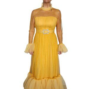 Women's Yellow Tulle Evening Gown with Sheer Sleeves Rhinestone Belt Size S